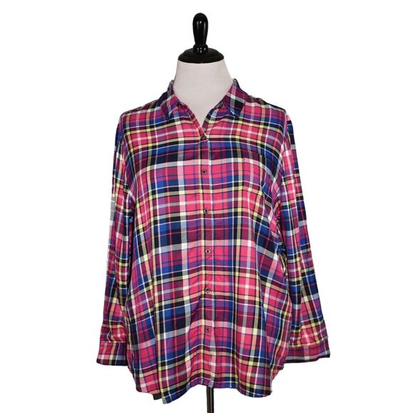 G.I.L.I. NEW $72 Long Sleeve Plaid Button Front Boyfriend Shirt Magenta Multi XL - Picture 1 of 5